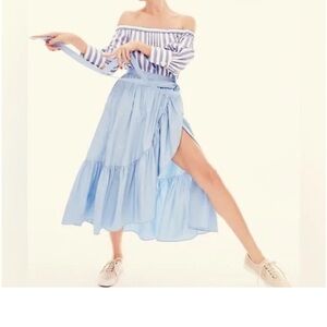 J. Crew Blue Wrap Midi Skirt with Tiered Slit